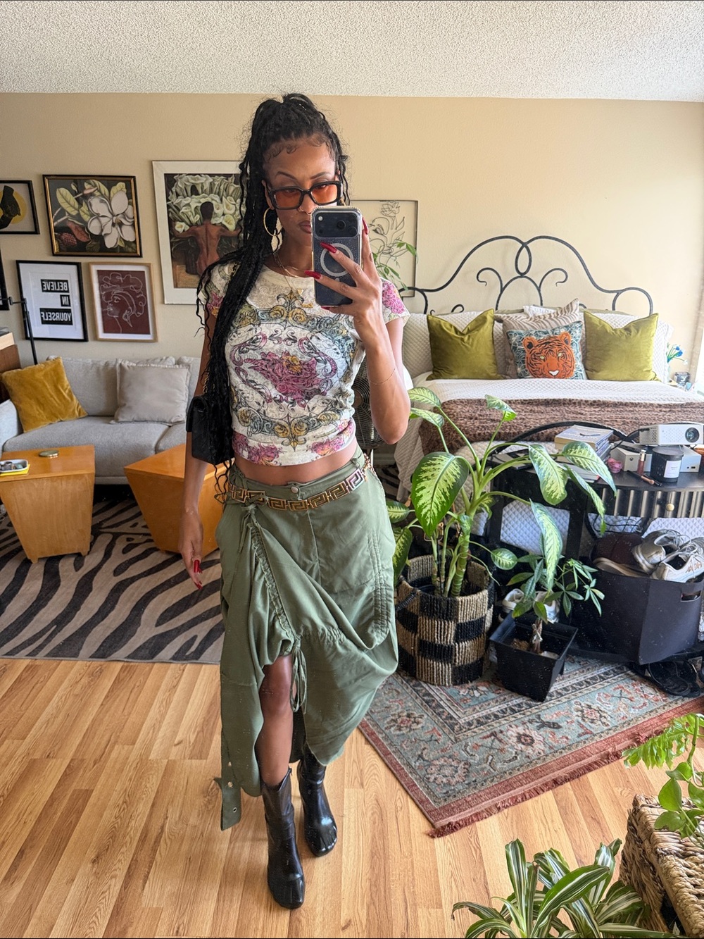 S-Twelve White Scoop Neck Tee with Pink & Gold Floral Scroll